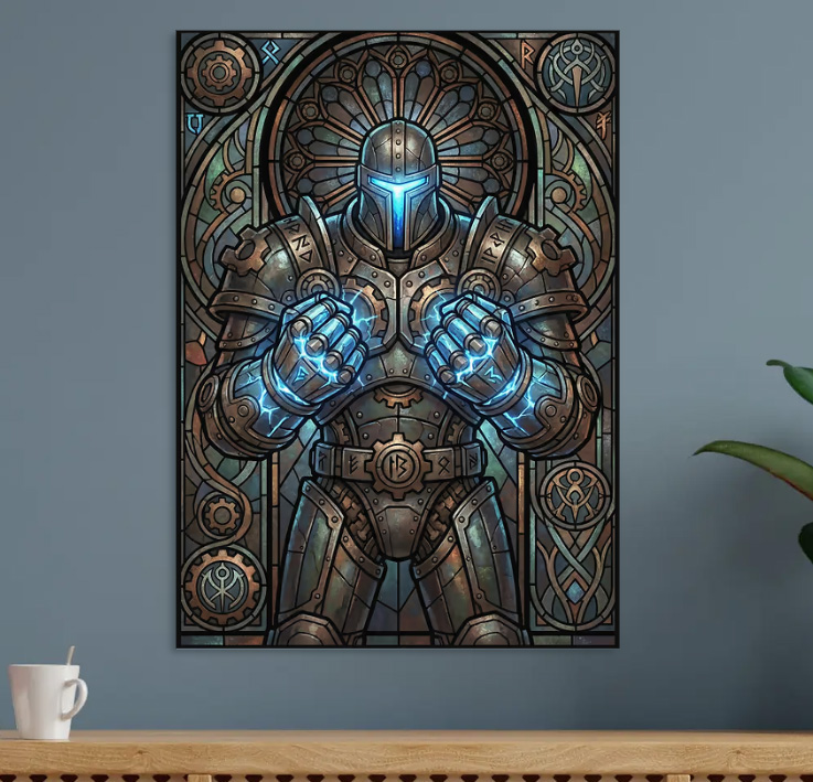 Steampunk Knight with Blue Stained Glass — metal poster wall art by Lineer